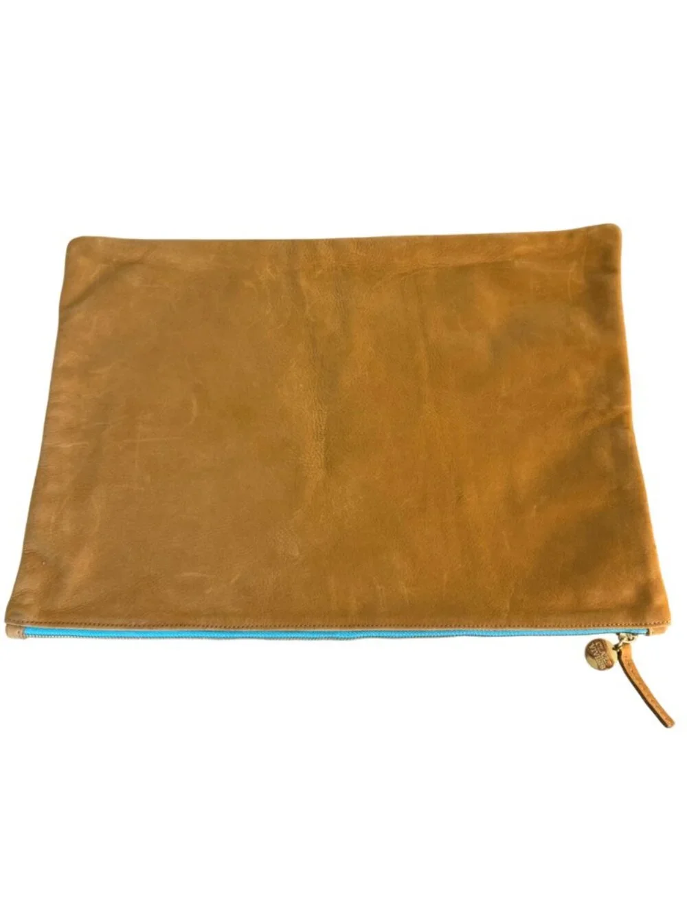 Clare V. Clare Vivier XL Leather Foldover Clutch Tan Turquoise Mint Inside EUC